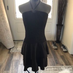 Halter drawstring brown ruffle dress
